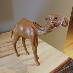 VINTAGE CAMEL handmade  leather glass paper sculpture 8.5" tall EUC